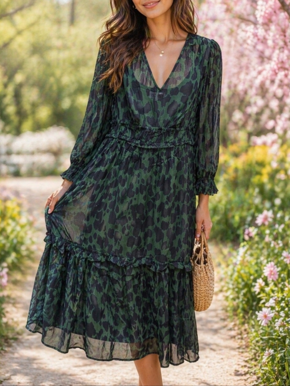 Velvet by Graham & Spencer Sheer Green Black Printed Dress Boho Tiered Midi